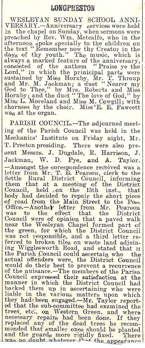 1909-06-25 WYP - Local News .jpg - Notices in West Yorkshire Pioneer 25/6/1909  regarding: Wesleyan Sunday School and report of Parish Council Meeting.